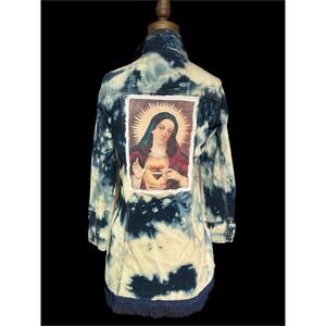 Sacred Heart Long Denim Jacket Upcycled Bleach Dye Angel and Mary Folk Art Small